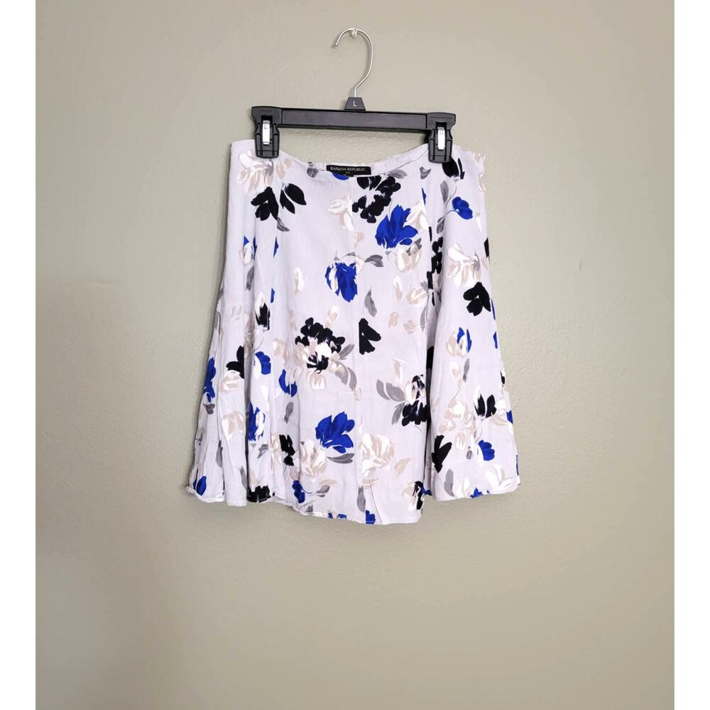 Banana Republic White Floral Midi Skirt with Blue & Black Accents